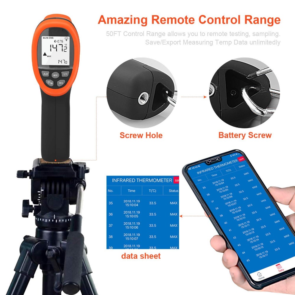 Industrial Laser Temperature Gun - BTMETER Cyfrowy pirometr Bezdotykowy termometr na